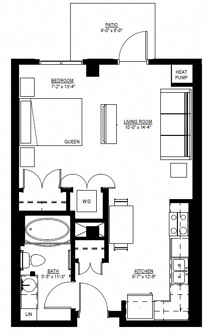 Floor plan for studio, 1 bath, 543 sqft